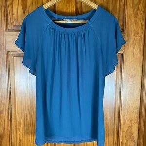 Loft Blue Women's Top Blouse with Ruffled Neckline and Bell  Flutter Sleeves